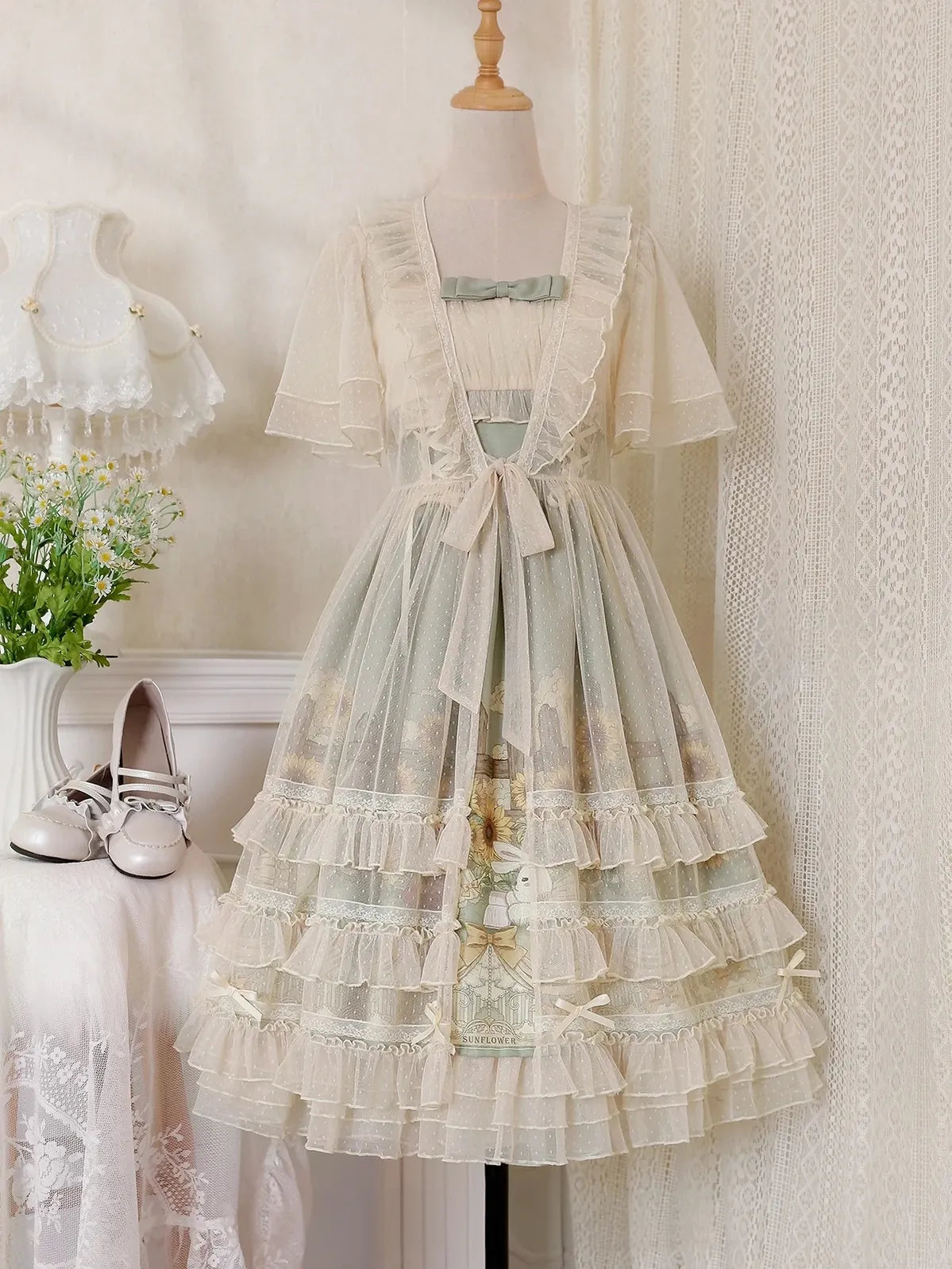 Flower and Letter - Vestido JSK Lolita clásico con estampado de girasoles y conejitos - Beige y Naranja, varios modelos