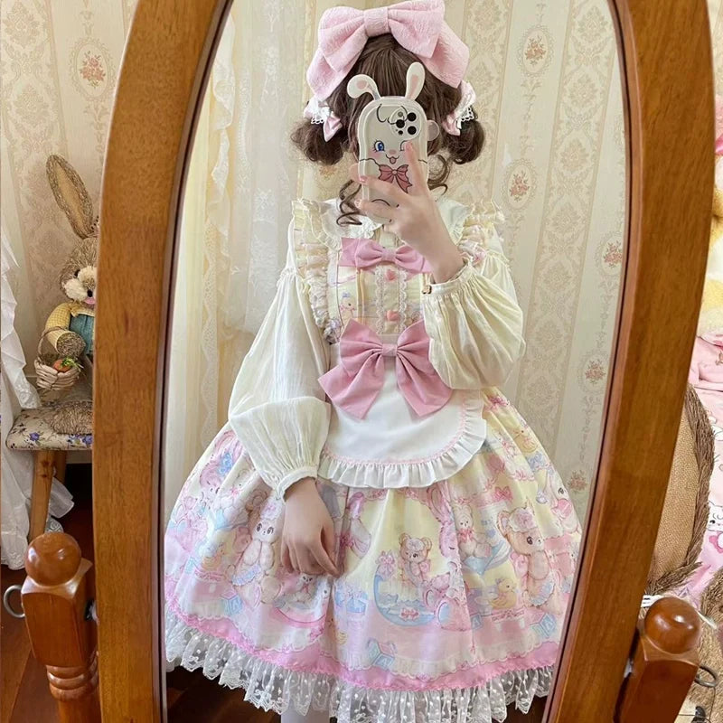 Sweet Bunny Bear - Vestido Lolita dulce de tirantes con mangas de volante y estampado de conejitos - Blanco y Rosa, varios modelos