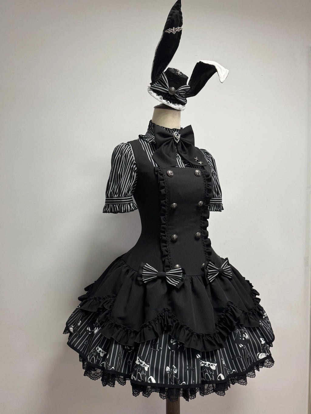 Dark Lord - Conjunto JSK Lolita gótico de rayas con estampado de calaveras - Negro, Blanco