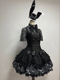 Dark Lord - Conjunto JSK Lolita gótico de rayas con estampado de calaveras - Negro, Blanco