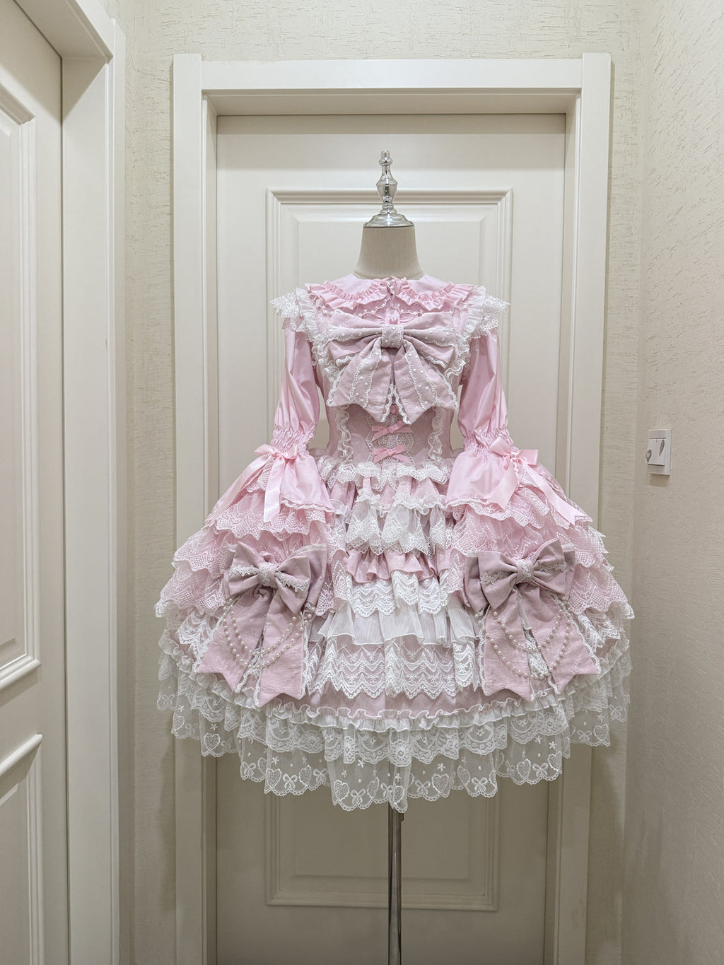 Cross Heart Knot - Conjunto de vestido JSK Lolita dulce con volantes escalonados y blusa de encaje - varios colores y modelos