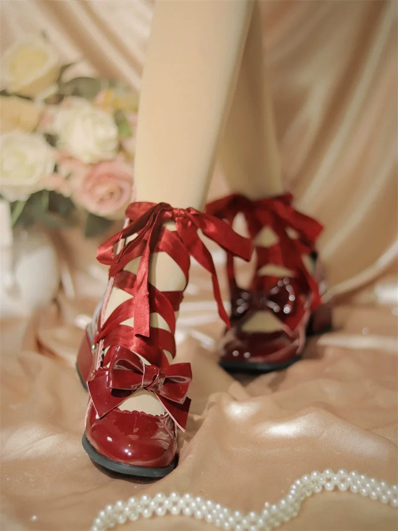 MR.Qiutian - Muse Kiss - Elegantes zapatos Lolita de tacón y punta redonda con cordones y lazos - varios colores y modelos