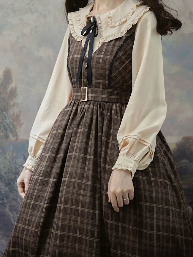 Grena's Poems - Elegante vestido Lolita de tirantes con cuadros y escote en V - Burdeos y Marrón, varios modelos