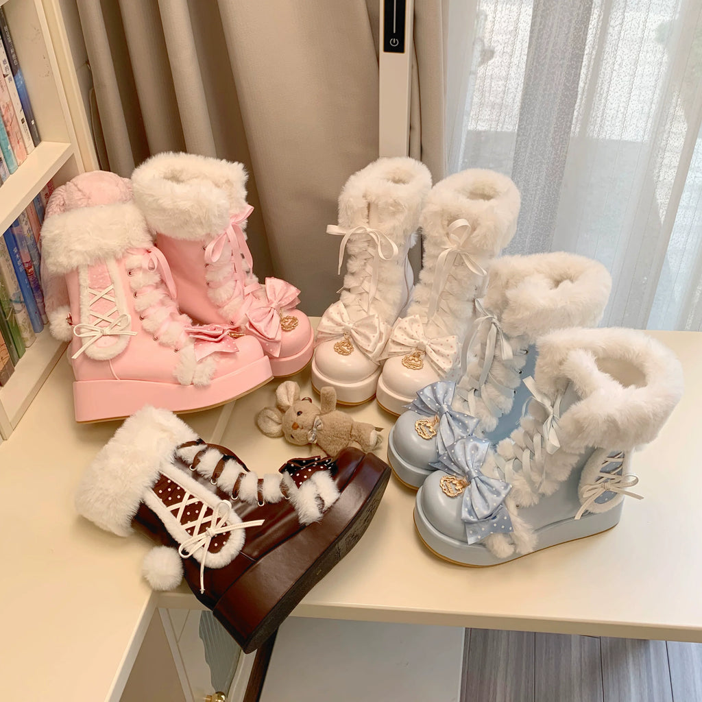 Cherry Snow Bunny Ears - Botas Lolita dulces de invierno con orejas de conejito - Beige y Burdeos, varios modelos