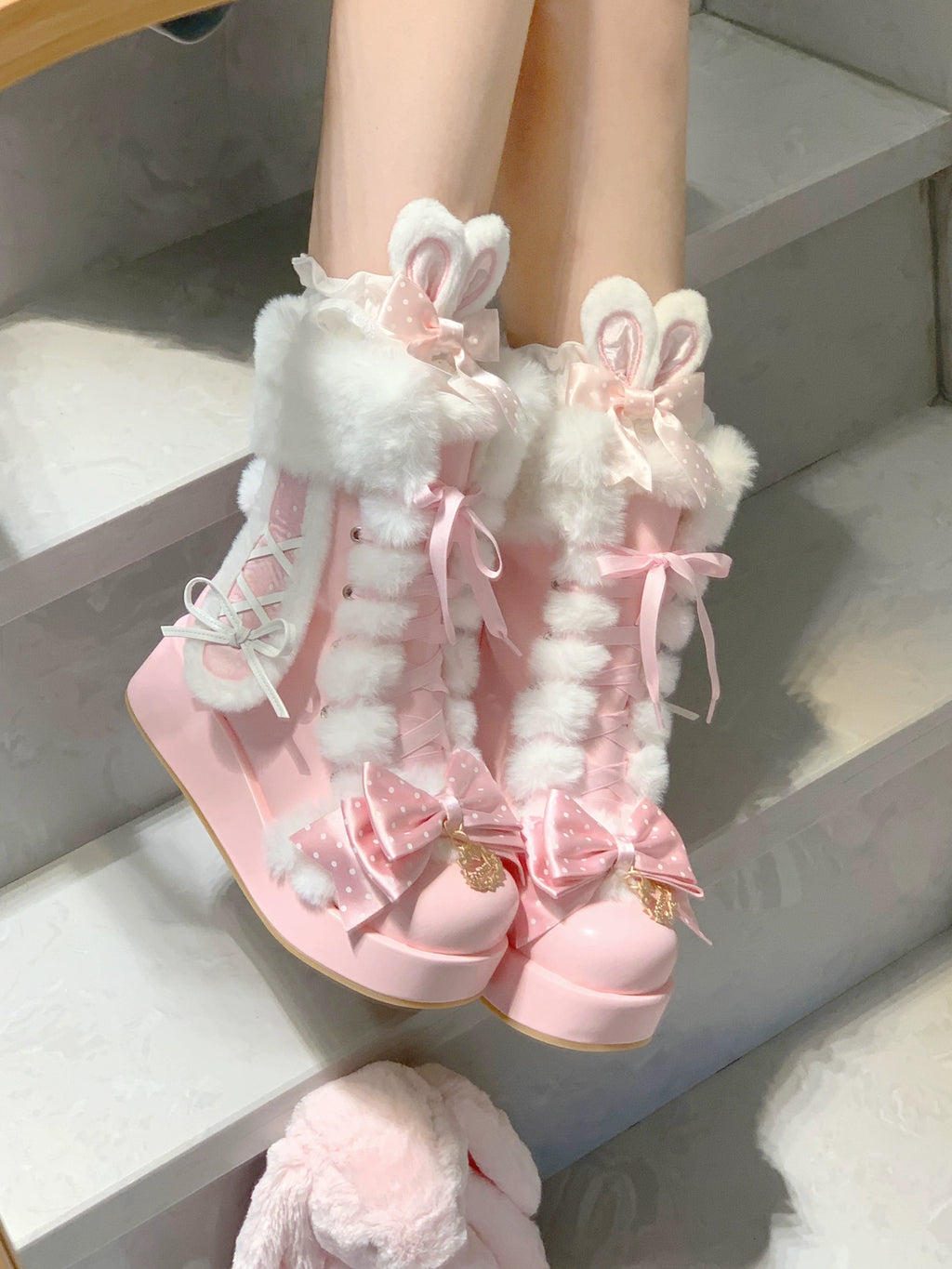 Cherry Snow Bunny Ears - Botas Lolita dulces de invierno con orejas de conejito - Beige y Burdeos, varios modelos