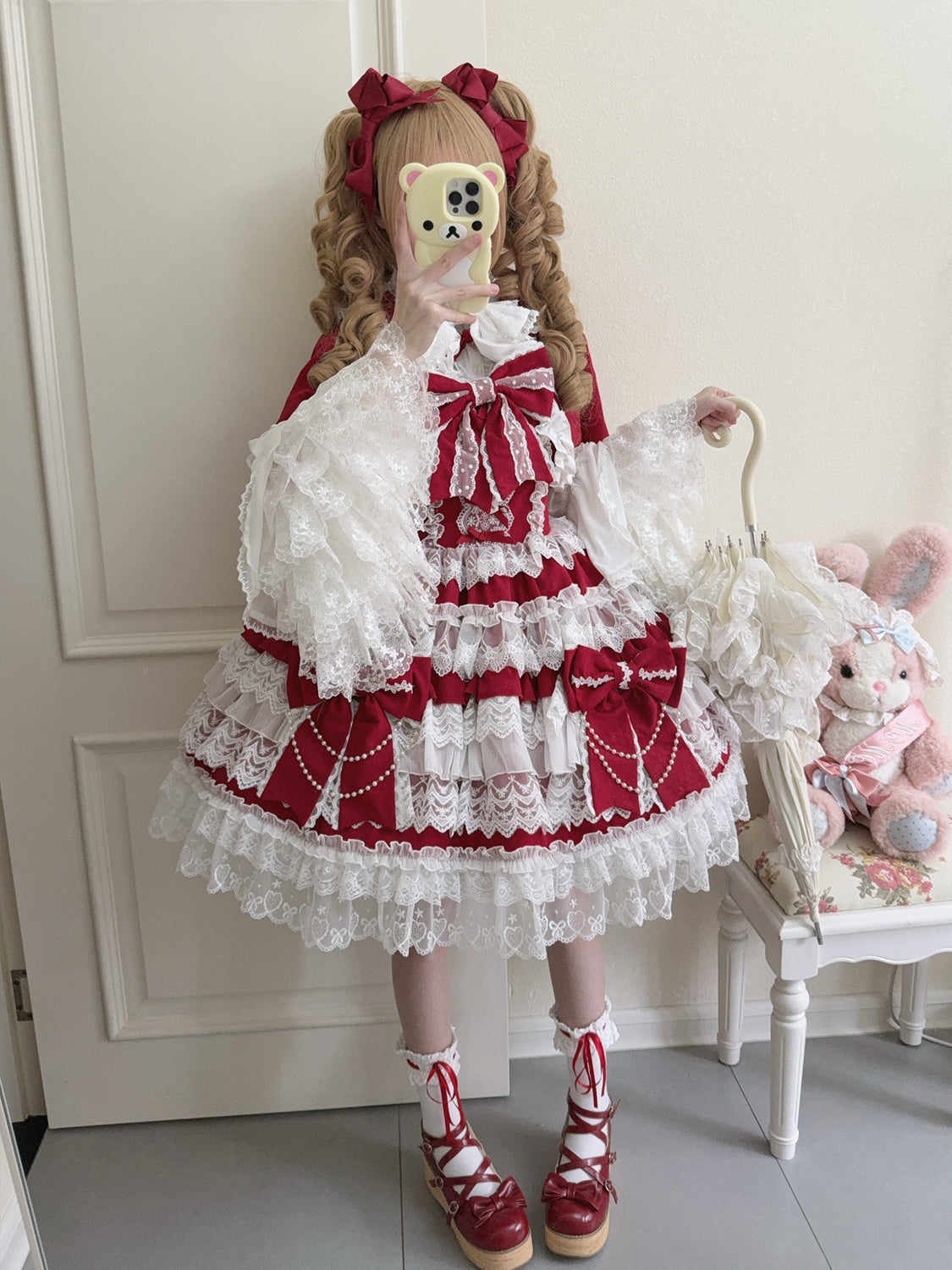 Cross Heart Knot - Conjunto de vestido JSK Lolita dulce con volantes escalonados y blusa de encaje - varios colores y modelos