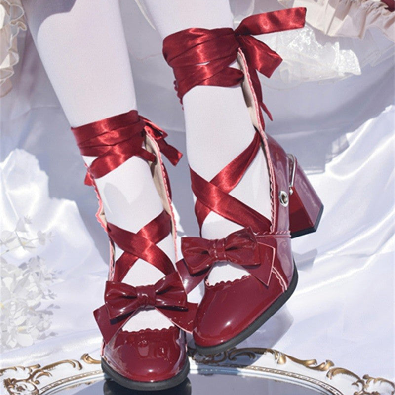 MR.Qiutian - Muse Kiss - Elegantes zapatos Lolita de tacón y punta redonda con cordones y lazos - varios colores y modelos
