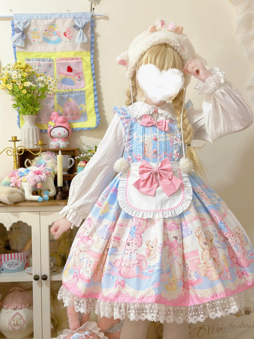 Sweet Bunny Bear - Vestido Lolita dulce de tirantes con mangas de volante y estampado de conejitos - Blanco y Rosa, varios modelos