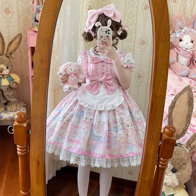 Sweet Bunny Bear - Vestido Lolita dulce de tirantes con mangas de volante y estampado de conejitos - Blanco y Rosa, varios modelos