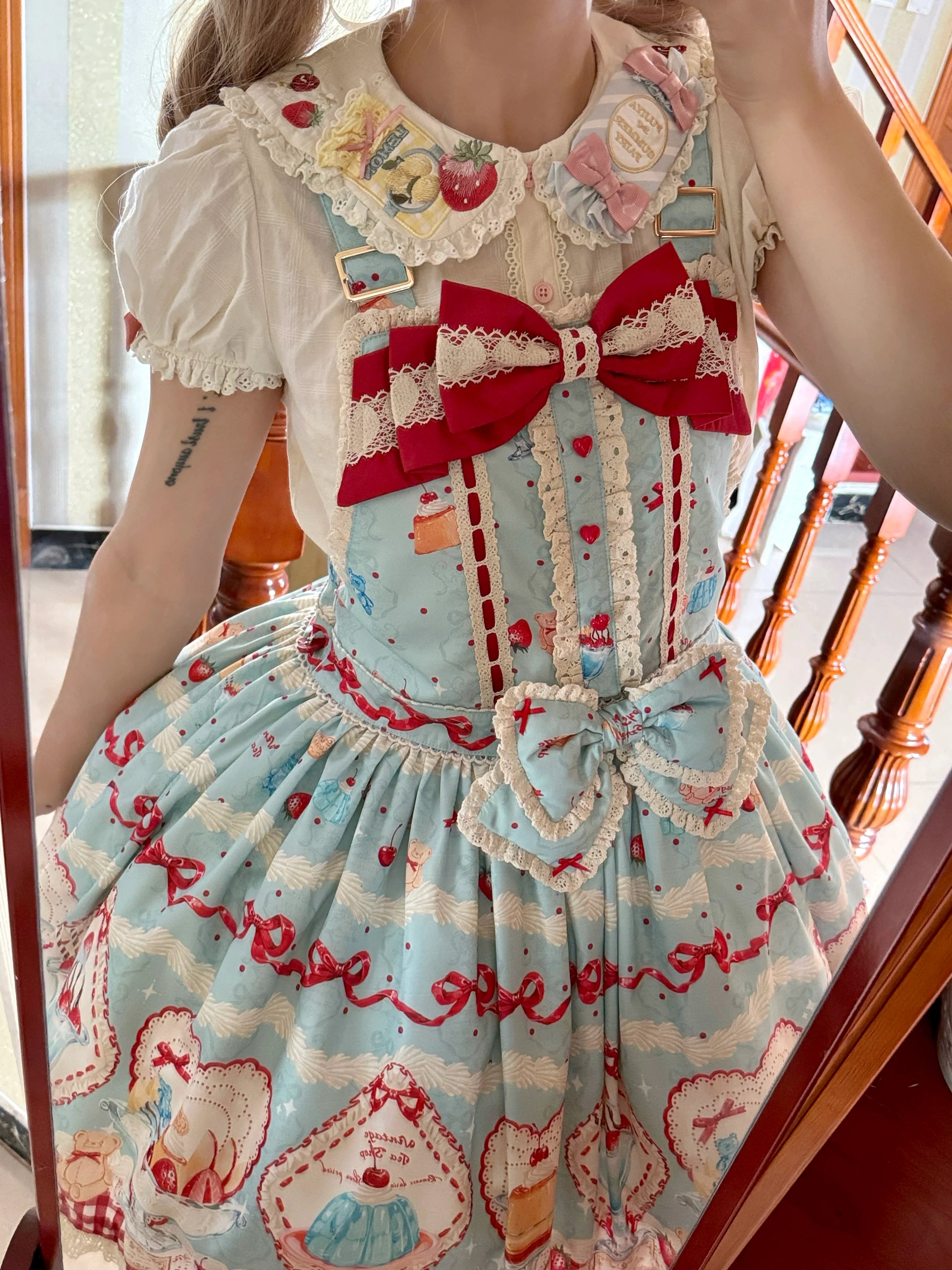 Showa Dessert Showcase - Conjunto de vestido JSK Lolita kawaii y peto con estampado de pudines - varios colores y modelos