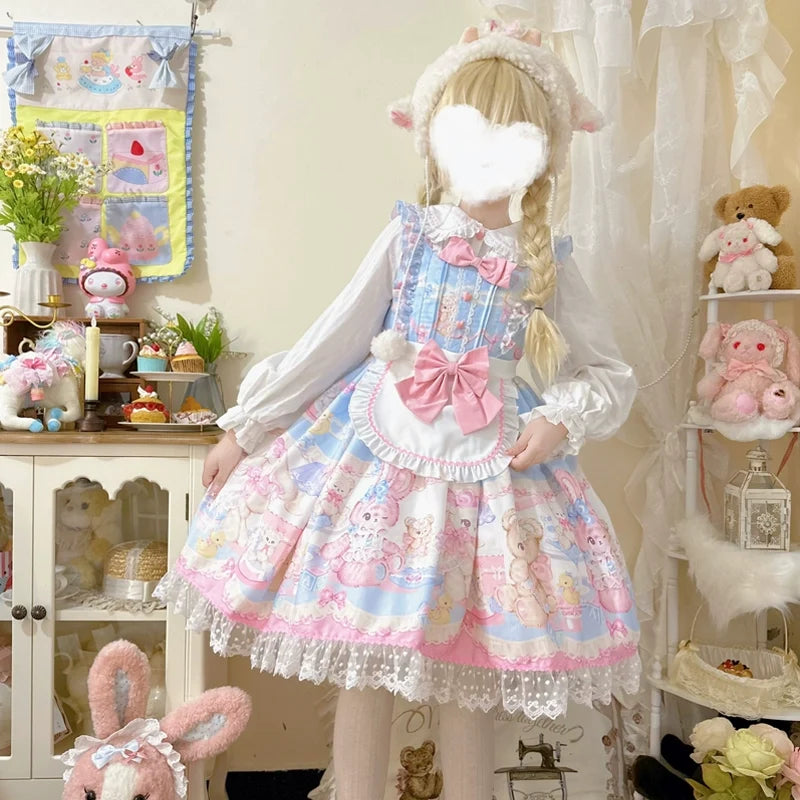 Sweet Bunny Bear - Vestido Lolita dulce de tirantes con mangas de volante y estampado de conejitos - Blanco y Rosa, varios modelos