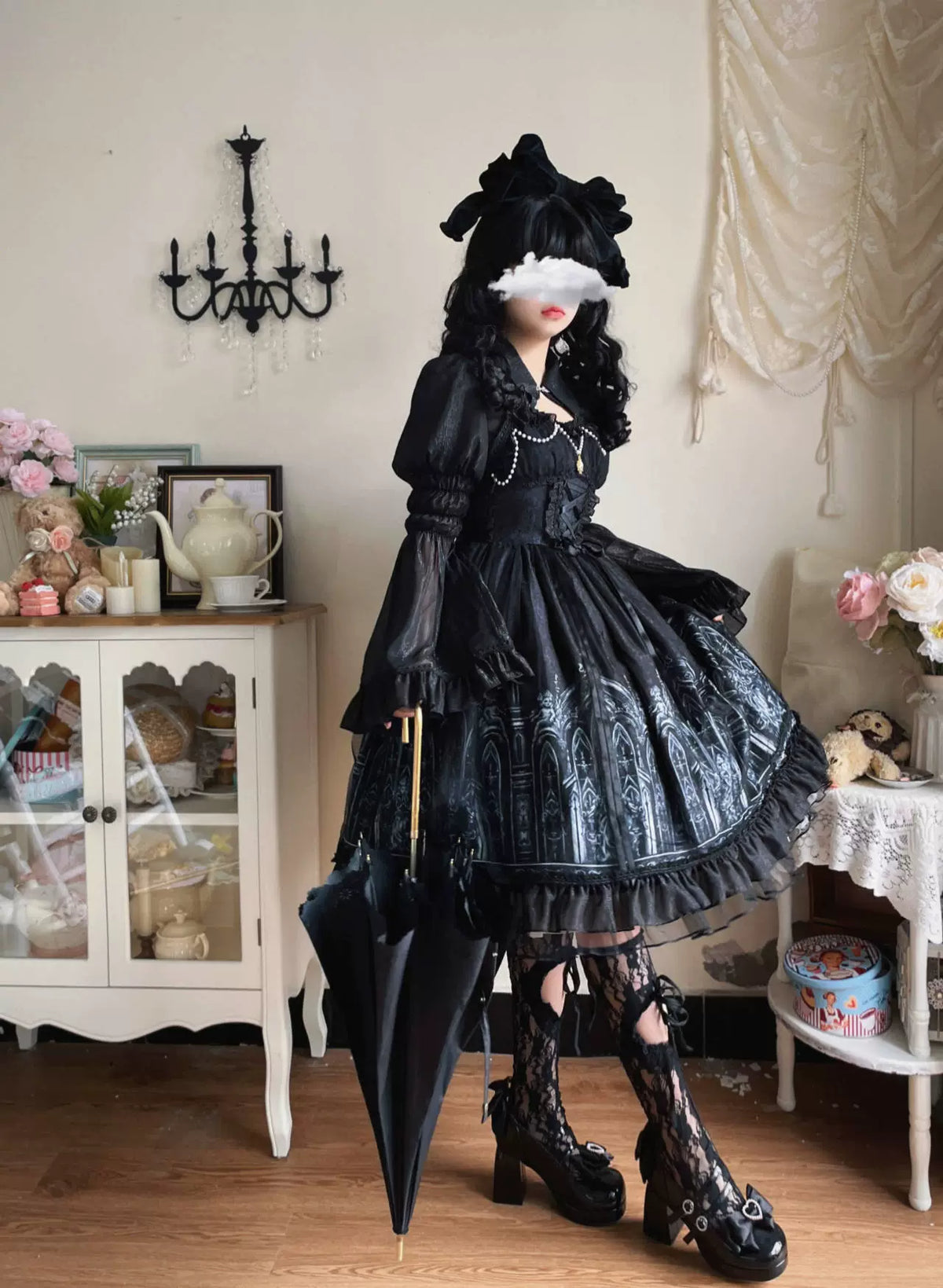 Silent Night Church - Vestido JSK Lolita gótico y bolero con estampado de iglesias - Azul marino y Negro, varios modelos
