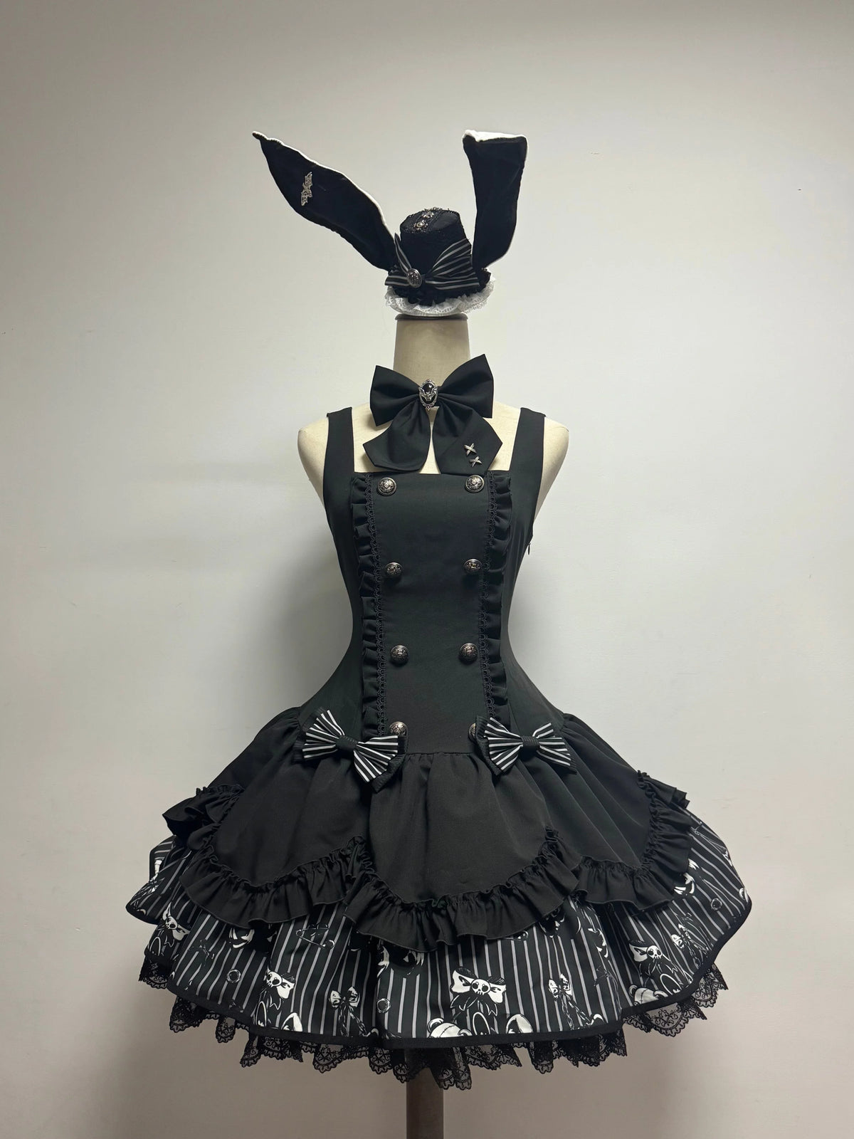 Dark Lord - Conjunto JSK Lolita gótico de rayas con estampado de calaveras - Negro, Blanco