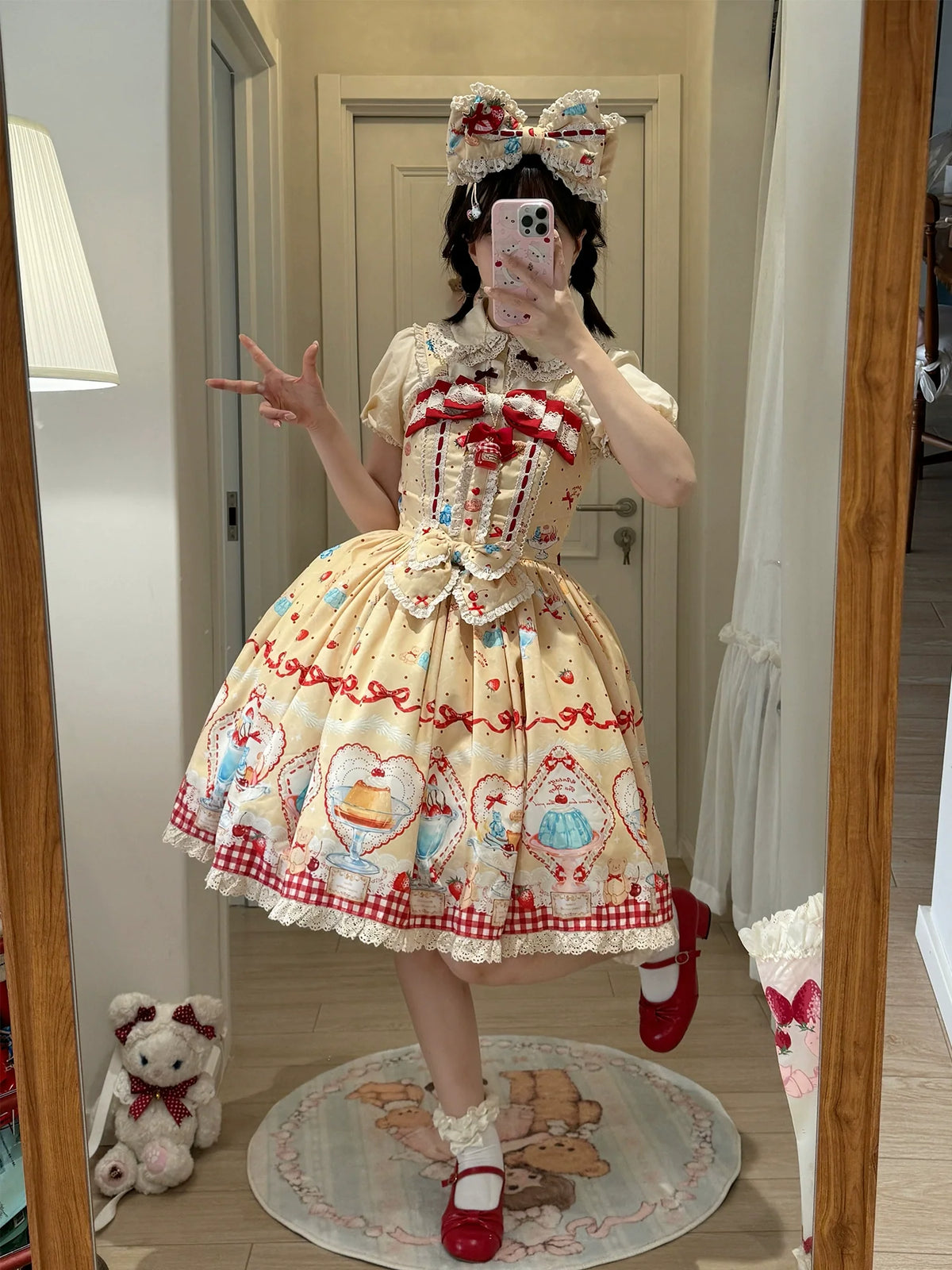 Showa Dessert Showcase - Conjunto de vestido JSK Lolita kawaii y peto con estampado de pudines - varios colores y modelos