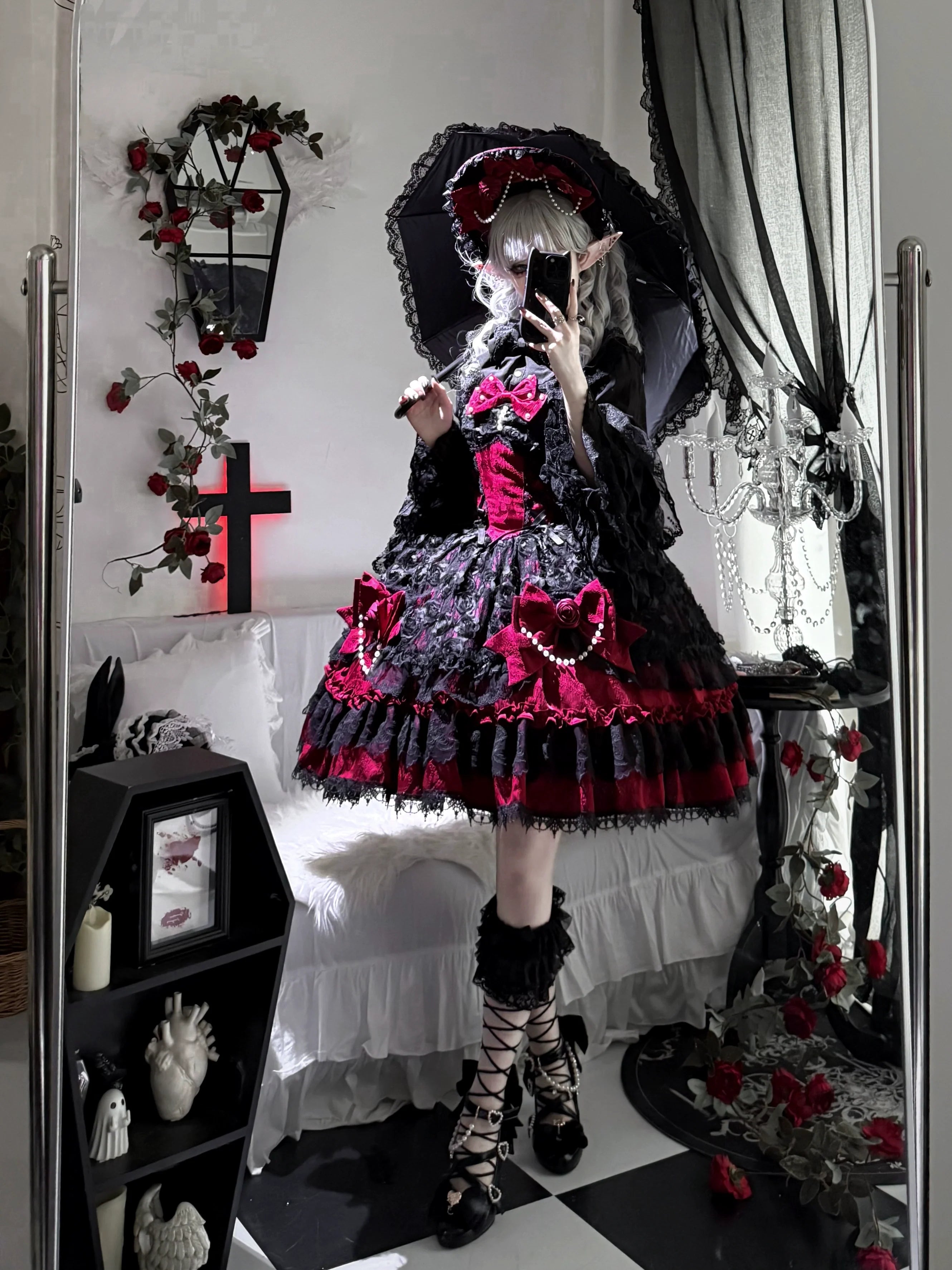 Rose Princess - Vestido JSK Lolita gótico de Halloween con rosas semitransparentes