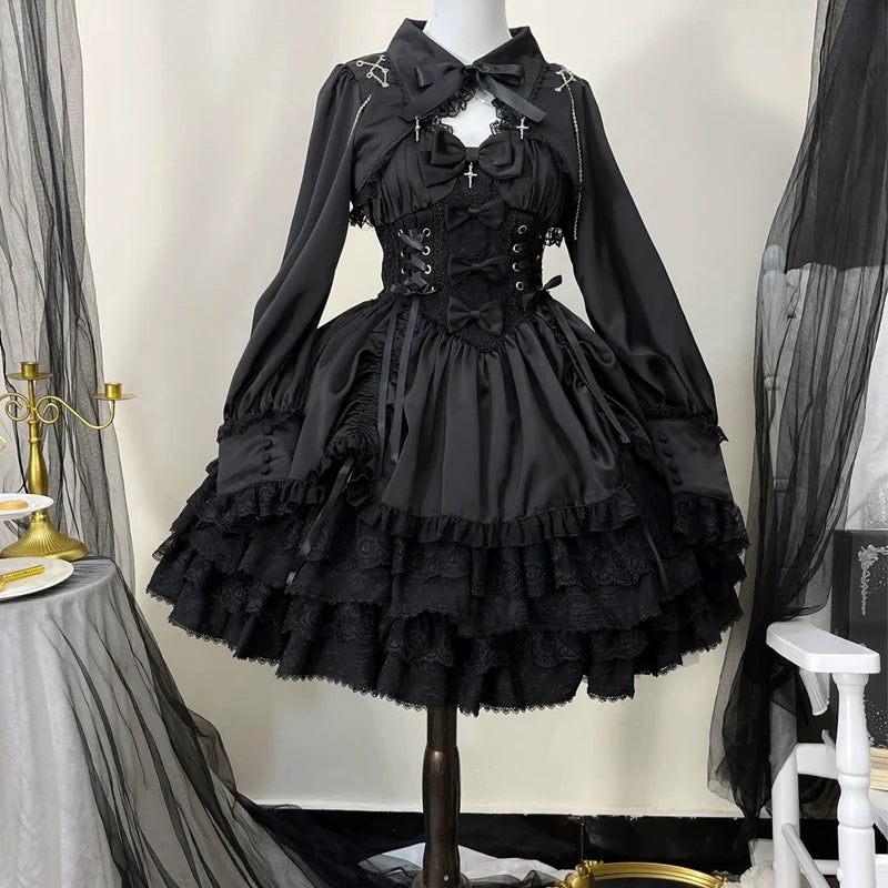 Cross Medal - Vestido JSK Lolita gótico y bolero con bajo ajustable mediante cordones - Negro, Rojo