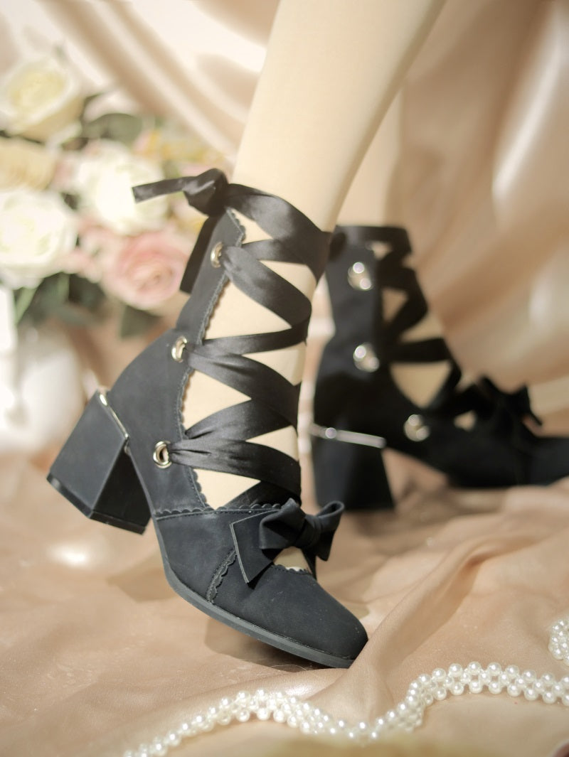 MR.Qiutian - Muse Kiss - Elegantes zapatos Lolita de tacón y punta redonda con cordones y lazos - varios colores y modelos
