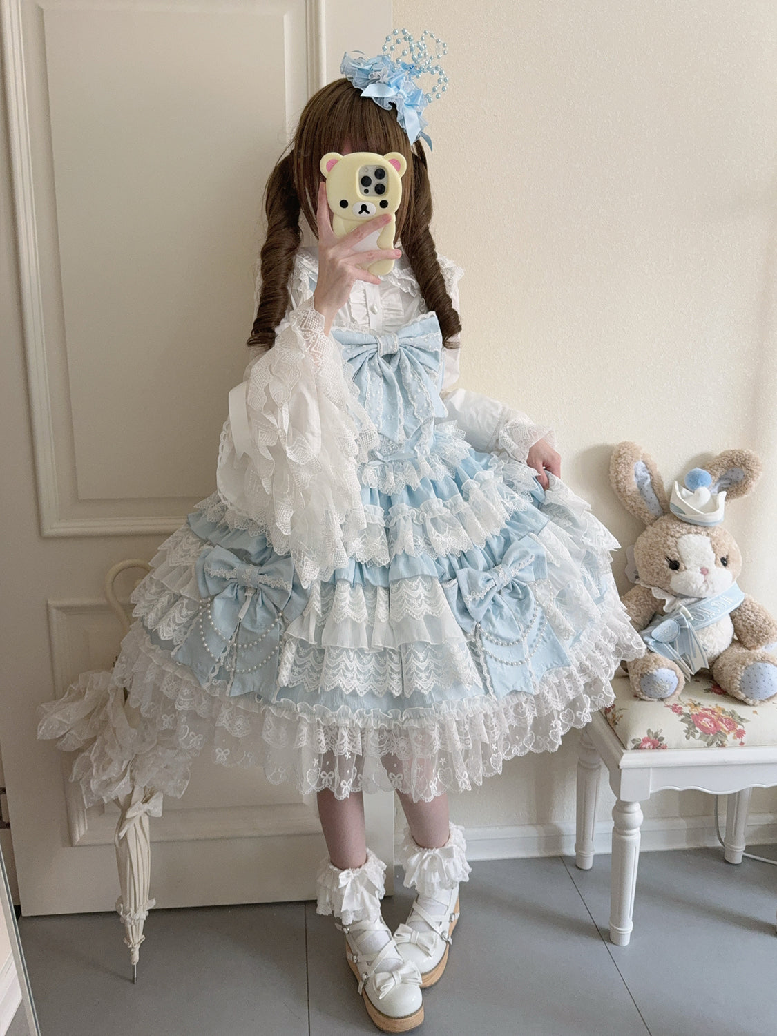Cross Heart Knot - Conjunto de vestido JSK Lolita dulce con volantes escalonados y blusa de encaje - varios colores y modelos