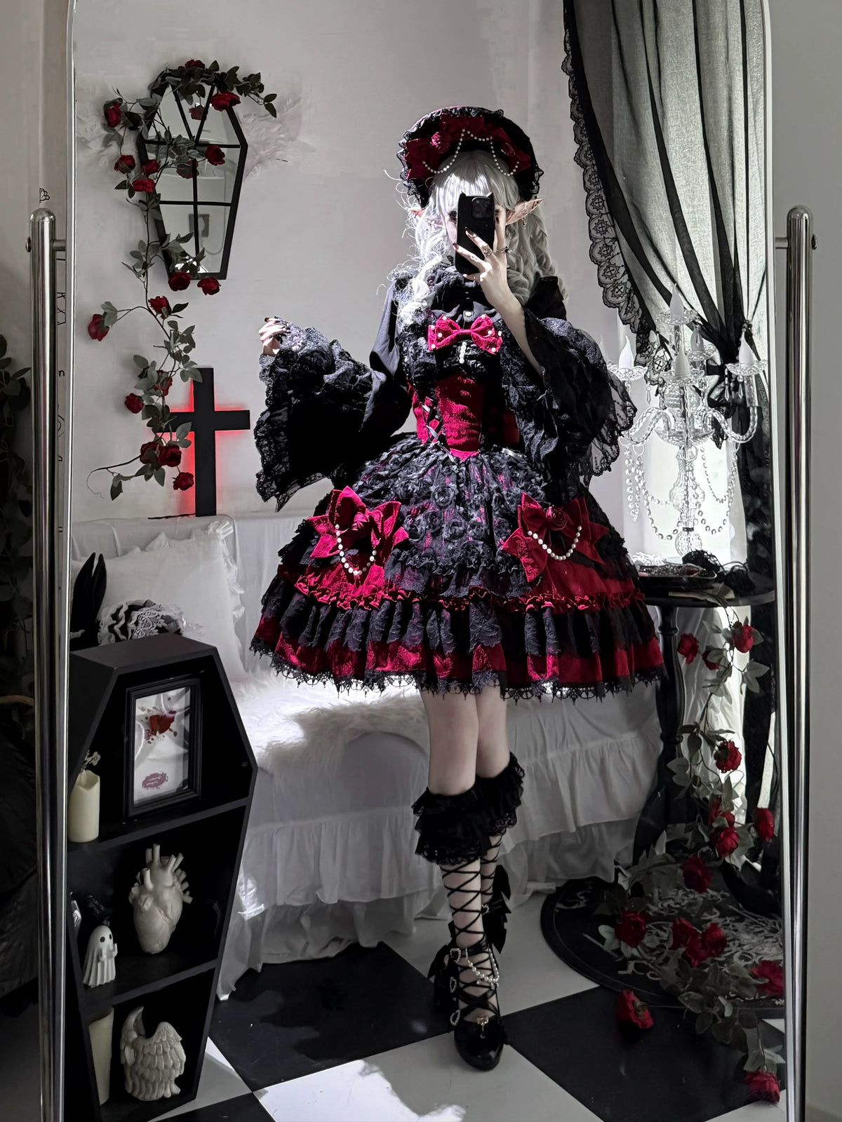 Rose Princess - Vestido JSK Lolita gótico de Halloween con rosas semitransparentes