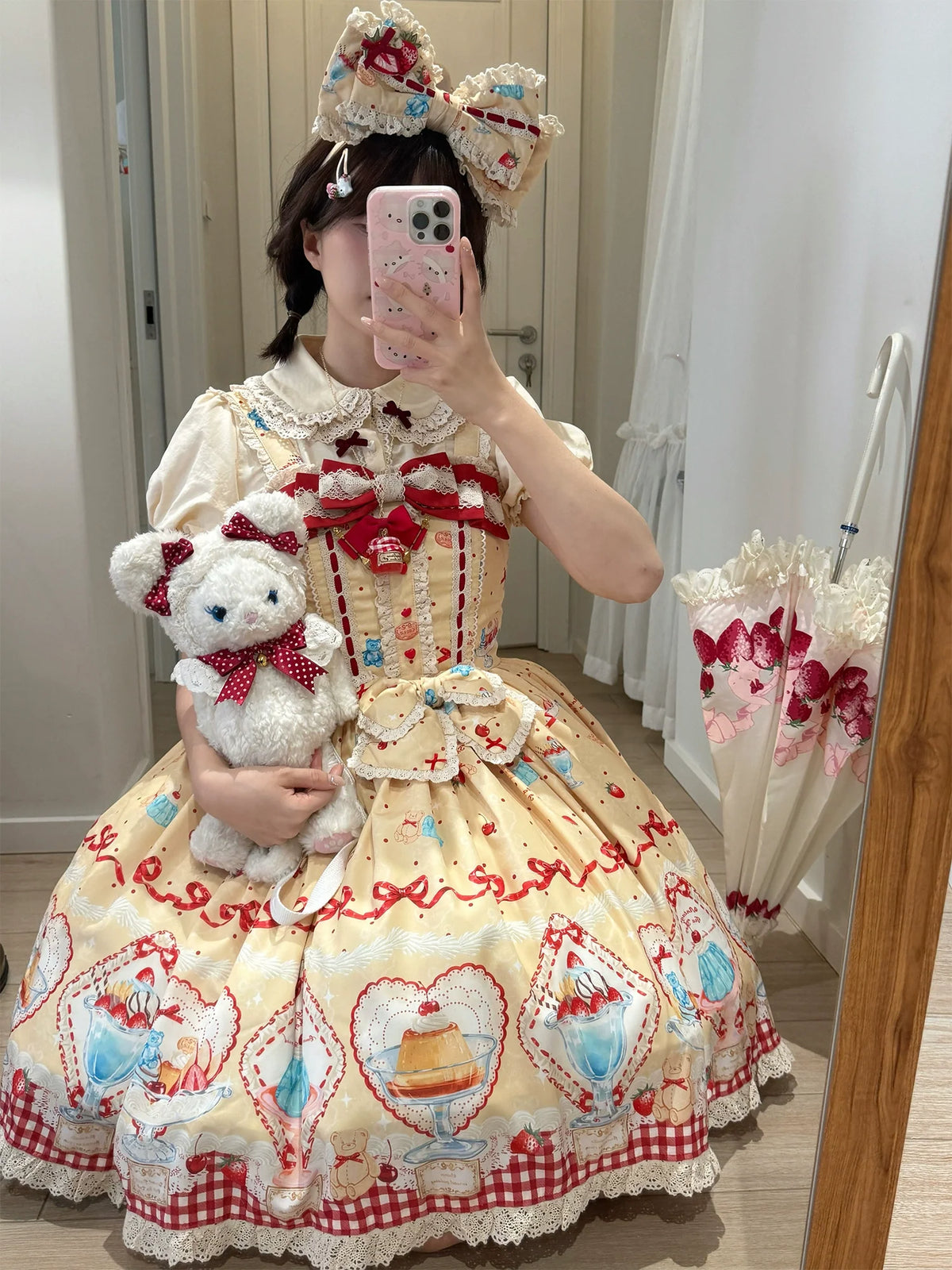 Showa Dessert Showcase - Conjunto de vestido JSK Lolita kawaii y peto con estampado de pudines - varios colores y modelos