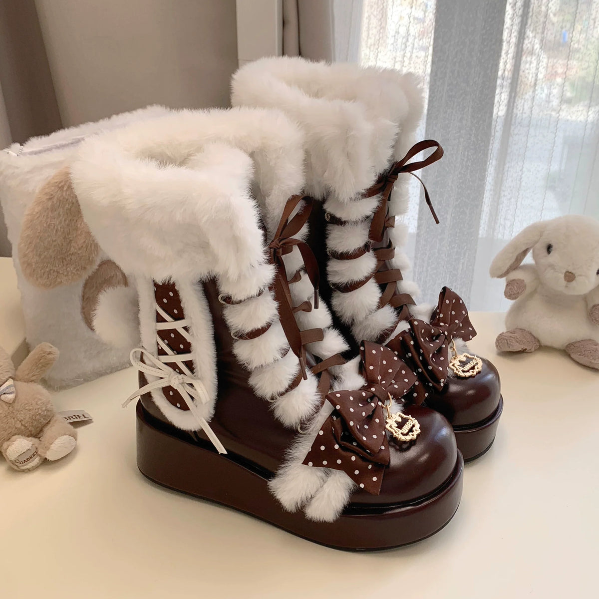 Cherry Snow Bunny Ears - Botas Lolita dulces de invierno con orejas de conejito - Beige y Burdeos, varios modelos
