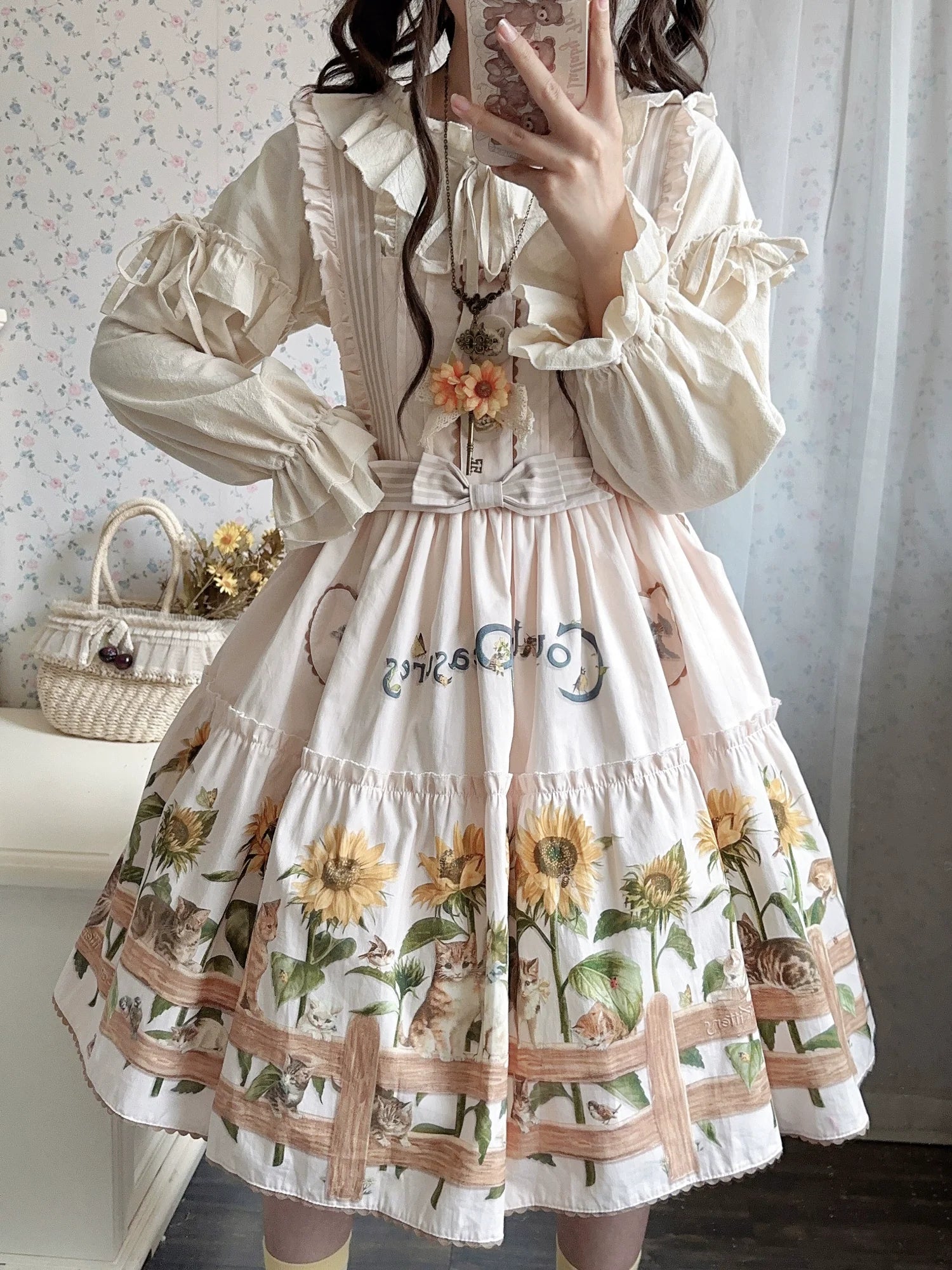 Cat and Sunflower - Vestido JSK Lolita campestre con estampado de gatos y girasoles - varios colores y modelos