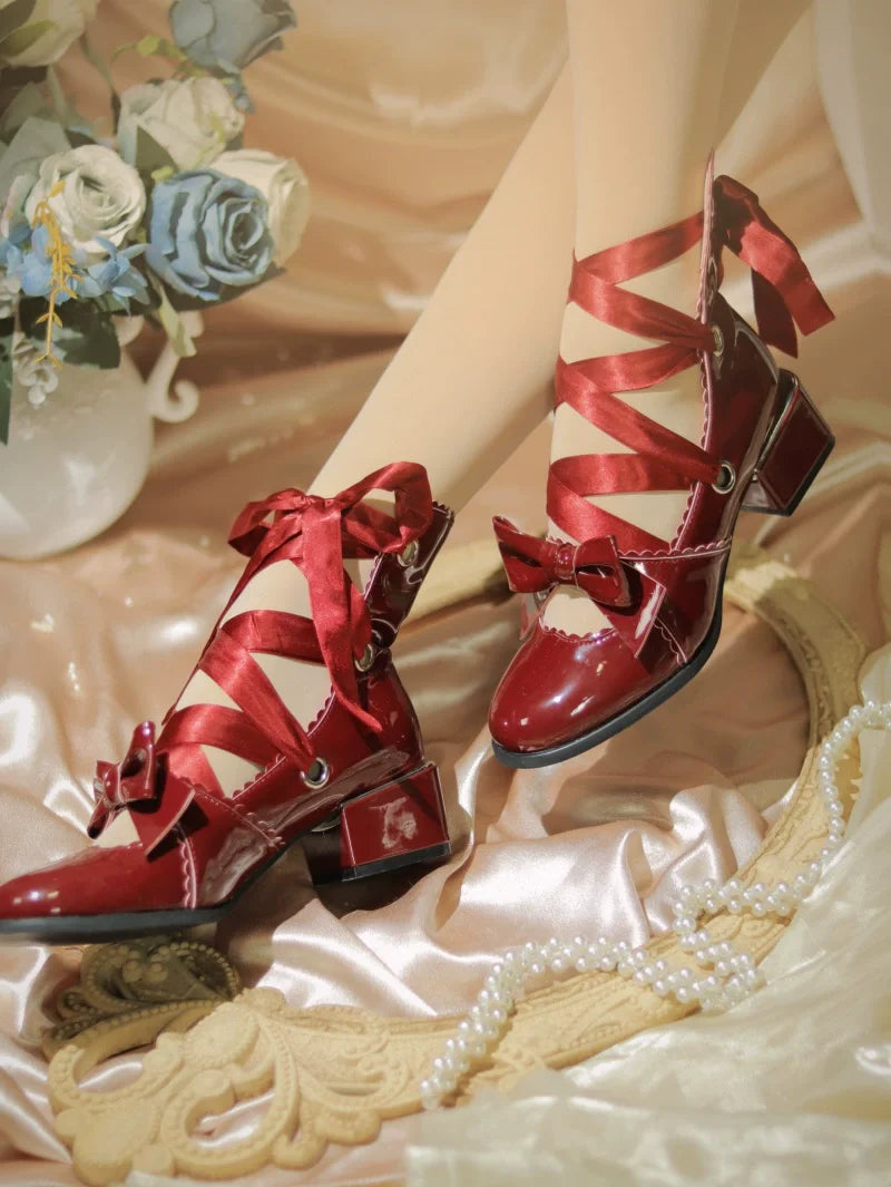 MR.Qiutian - Muse Kiss - Elegantes zapatos Lolita de tacón y punta redonda con cordones y lazos - varios colores y modelos
