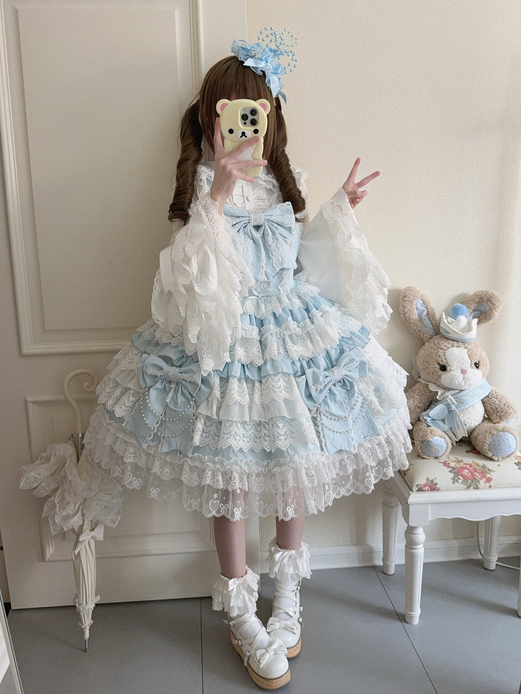 Cross Heart Knot - Conjunto de vestido JSK Lolita dulce con volantes escalonados y blusa de encaje - varios colores y modelos