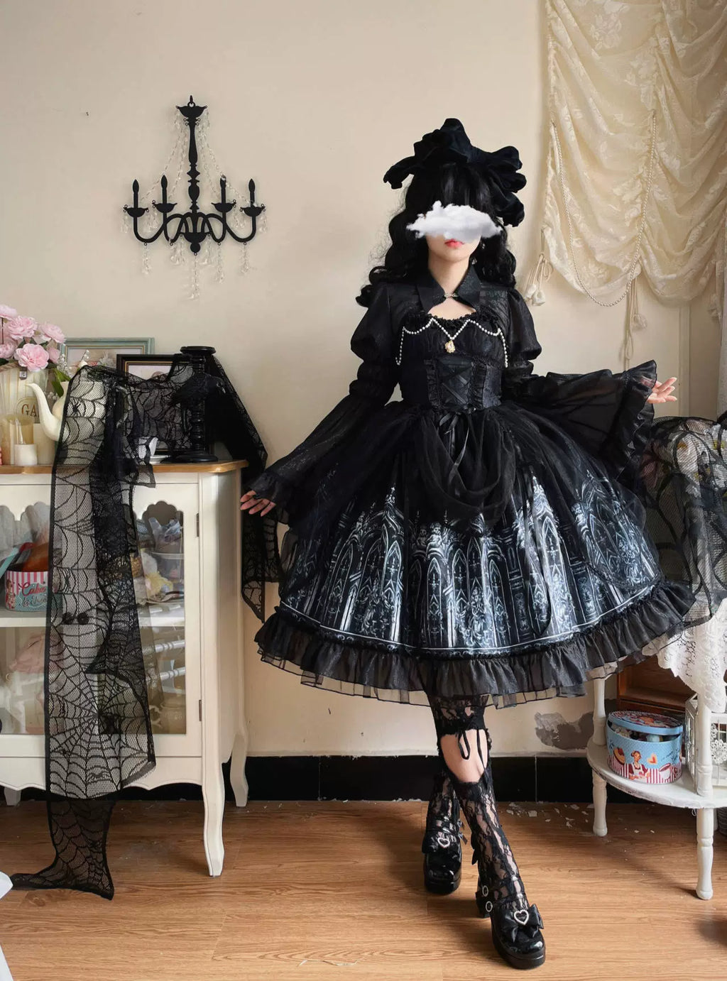 Silent Night Church - Vestido JSK Lolita gótico y bolero con estampado de iglesias - Azul marino y Negro, varios modelos