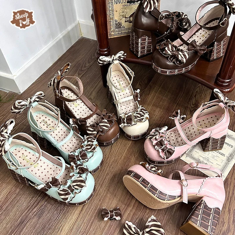 Layered Pastry - Zapatos Lolita dulces de tacón alto con estampado de chocolate - Marrón