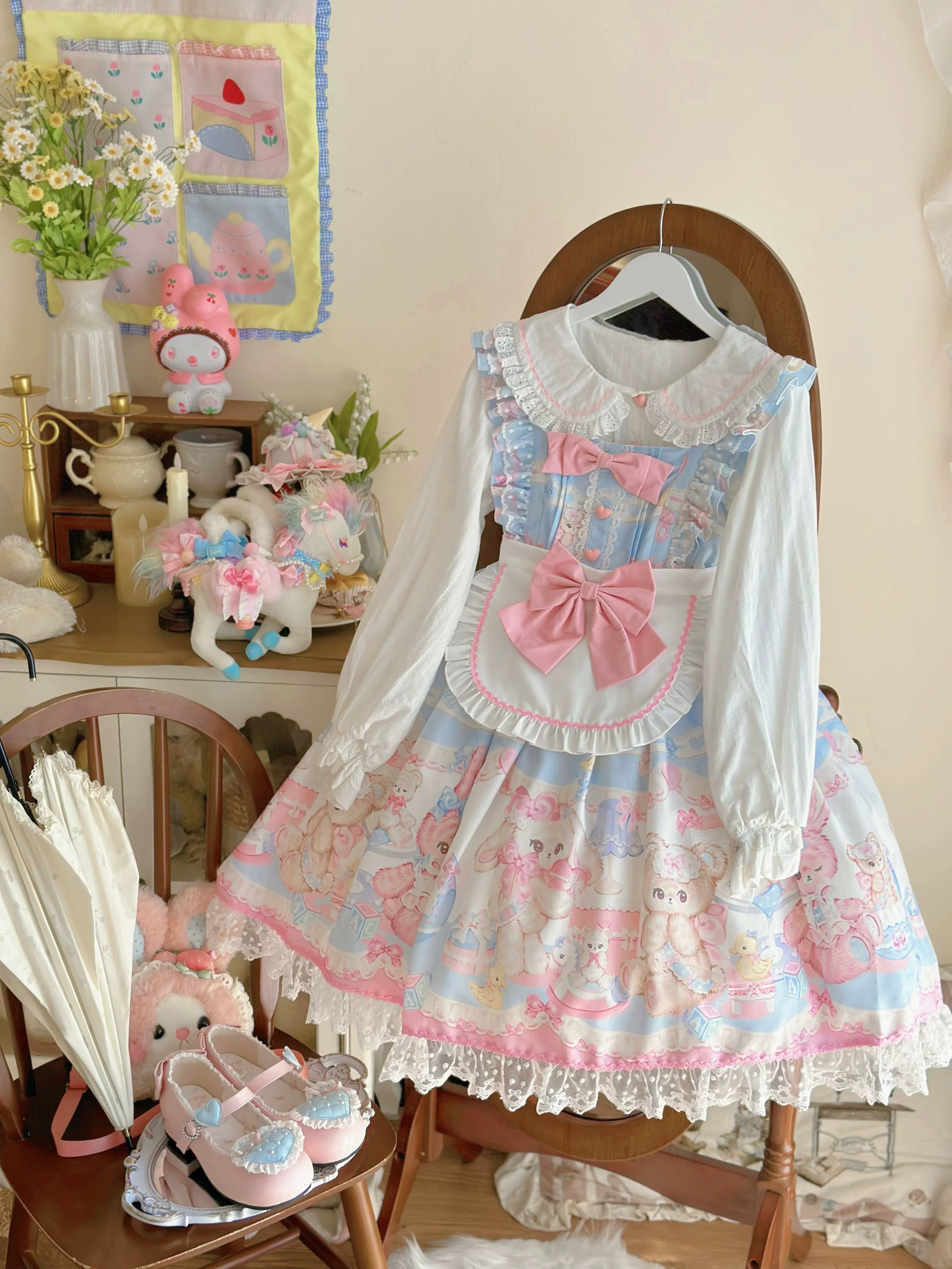 Sweet Bunny Bear - Vestido Lolita dulce de tirantes con mangas de volante y estampado de conejitos - Blanco y Rosa, varios modelos