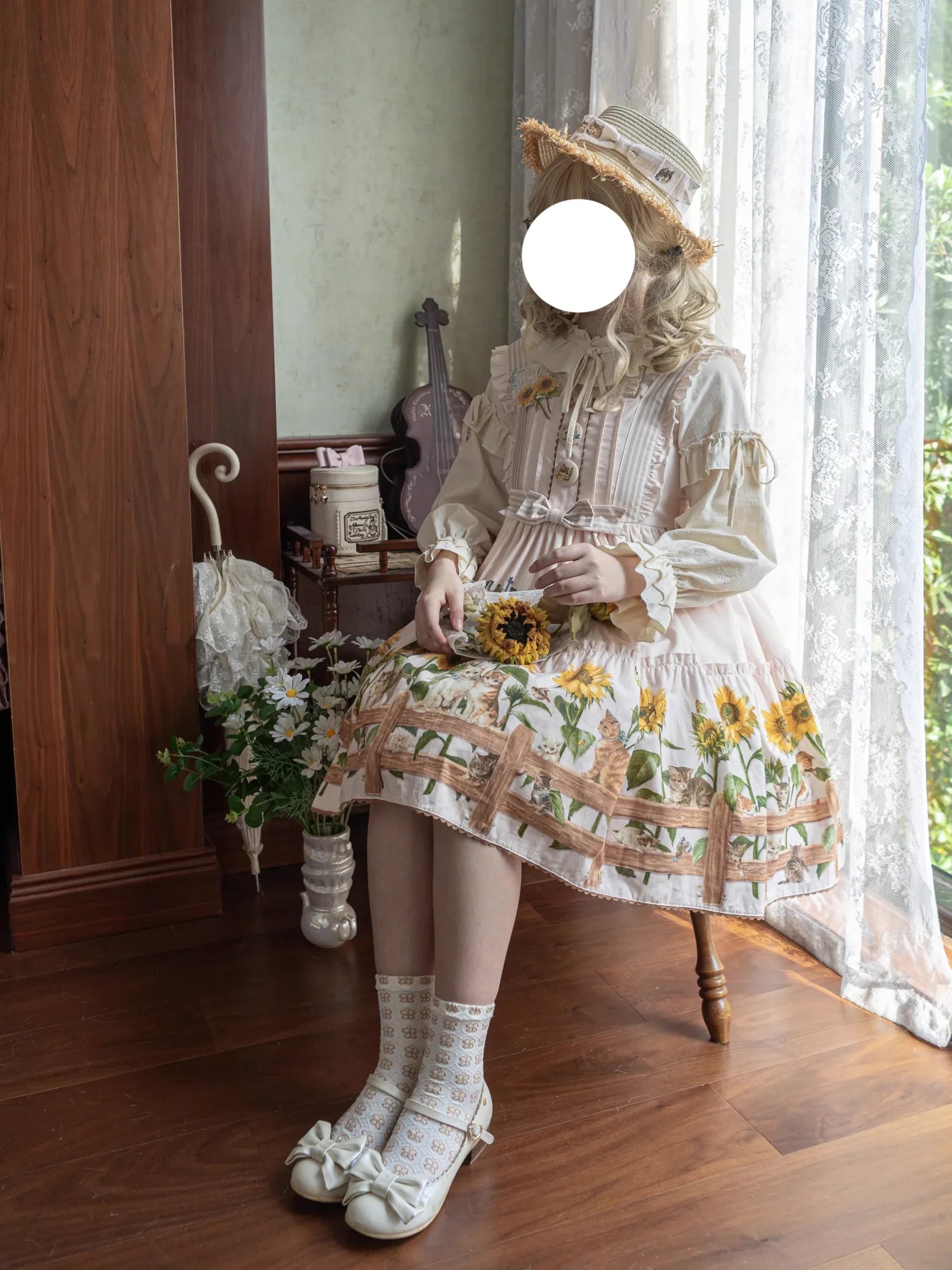 Cat and Sunflower - Vestido JSK Lolita campestre con estampado de gatos y girasoles - varios colores y modelos