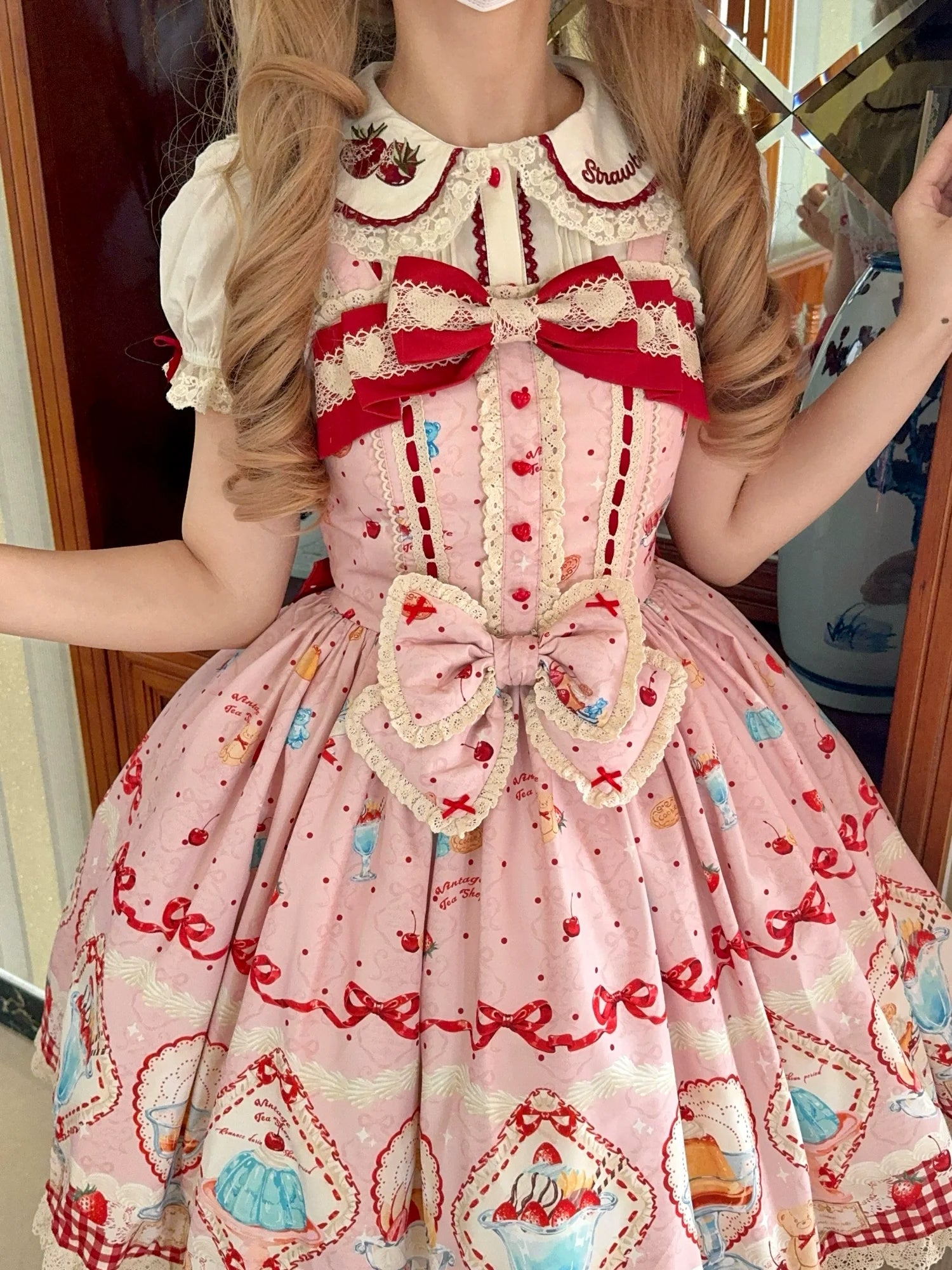 Showa Dessert Showcase - Conjunto de vestido JSK Lolita kawaii y peto con estampado de pudines - varios colores y modelos