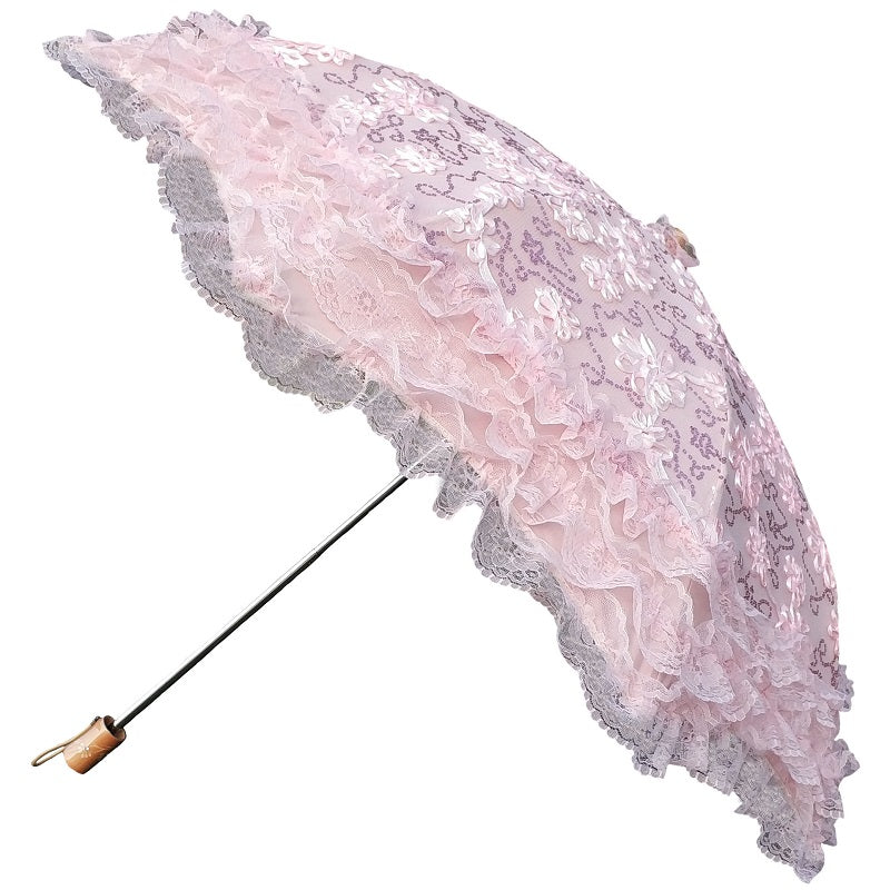 Sombrilla Lolita plegable de princesa con protección solar y lentejuelas - Negro y Rosa, varios modelos