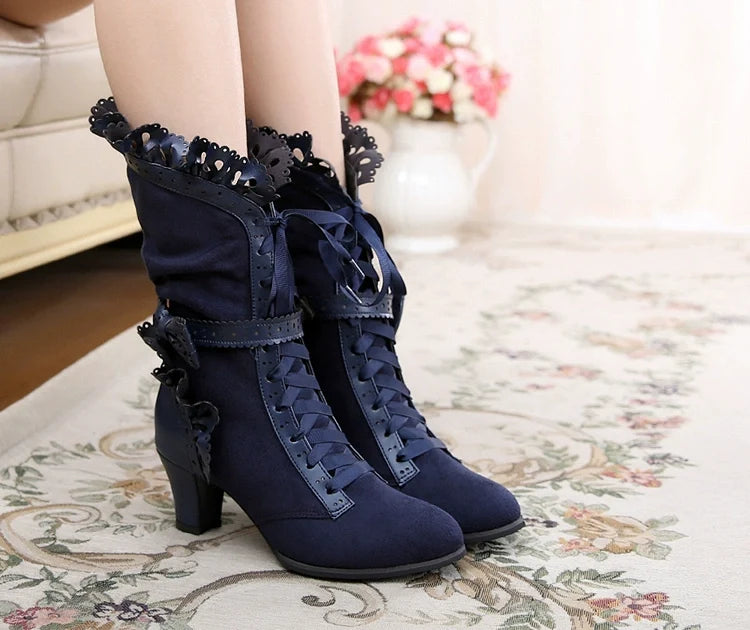 Meteorite's Wound - Botas Lolita góticas de invierno, terciopelo oscuro y tacón, media ca?a - varios colores y modelos