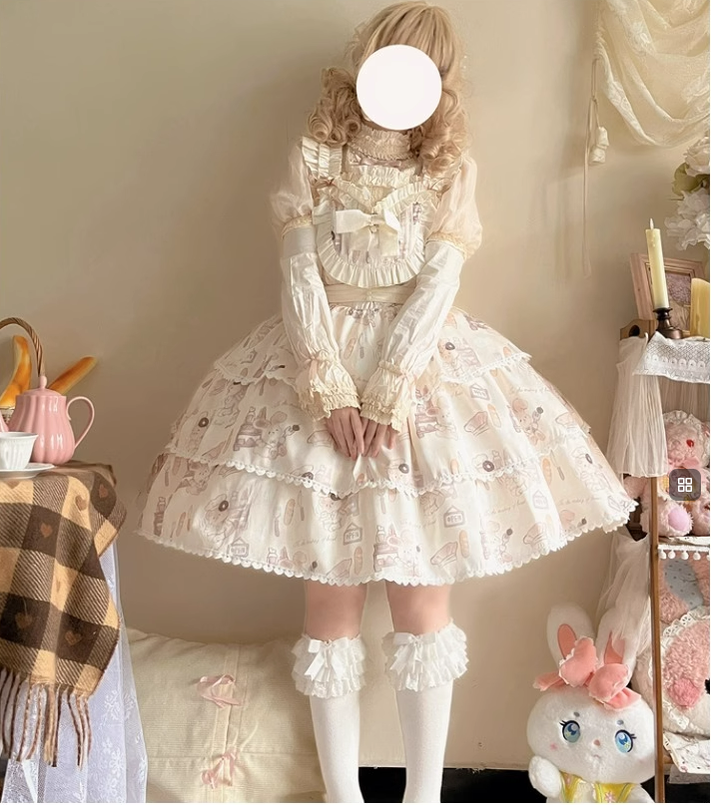Vestido Lolita kawaii de tirantes para tallas grandes con estampado de conejitos - Blanco y Beige, varios modelos
