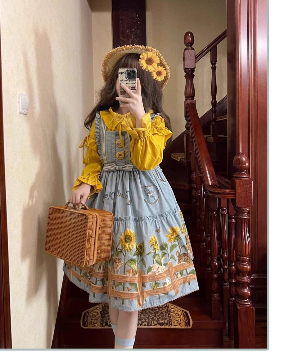 Cat and Sunflower - Vestido JSK Lolita campestre con estampado de gatos y girasoles - varios colores y modelos